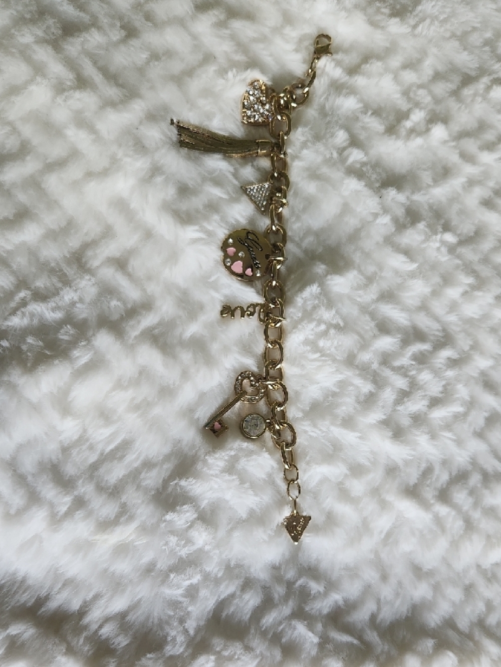 GUESS Gold-Tone Charm Bracelet with Pink Heart Accents Boho Vibe - Picture 10 of 12